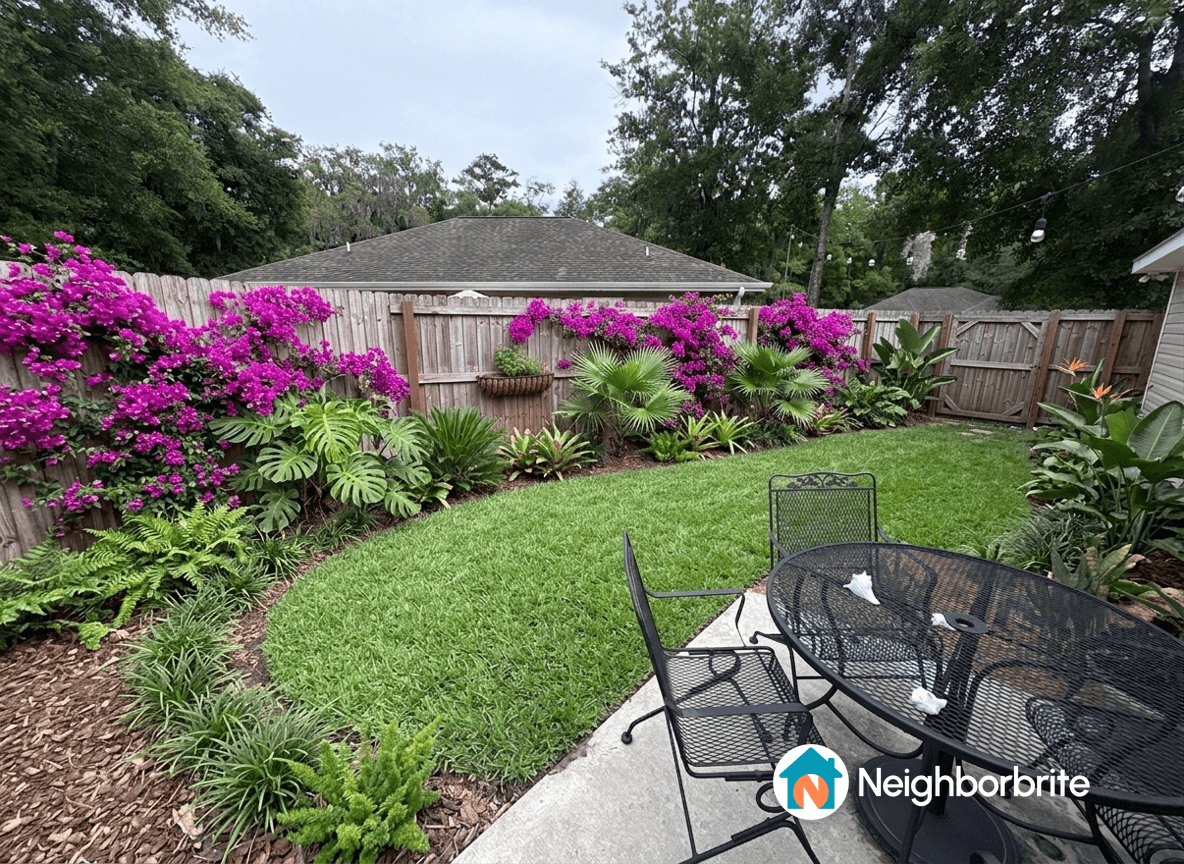 A vibrant garden with purple flowers and lush greenery.