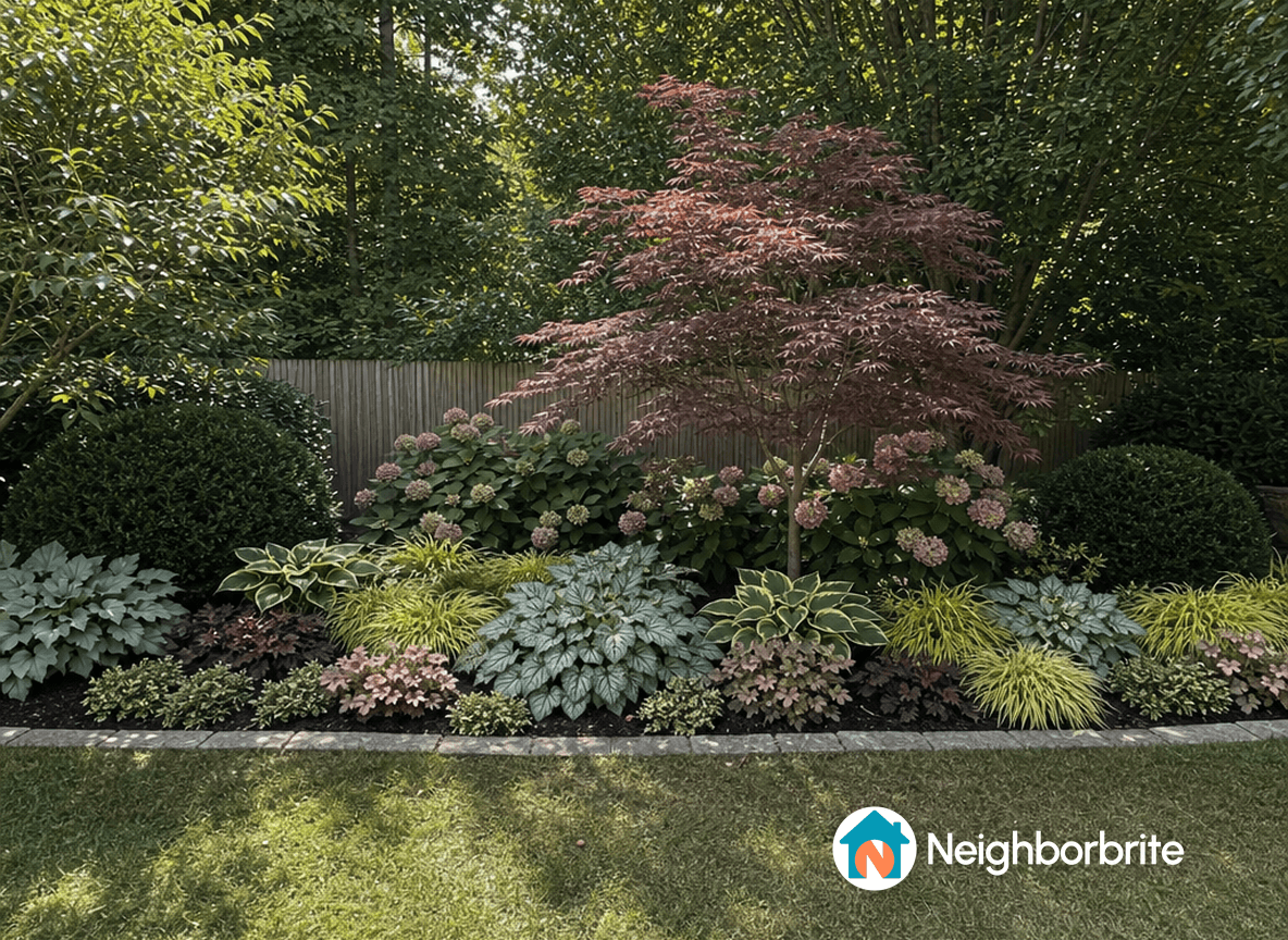 A garden featuring a mix of Buxus, Hydrangea, and other plants.