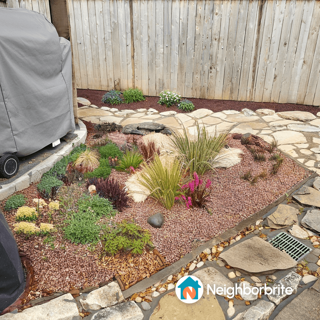 A colorful garden with various plants and stones, showcasing landscaping.