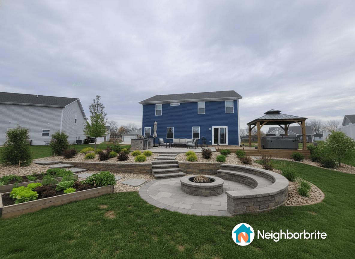 Beautiful backyard with patio, fire pit, and gazebo.