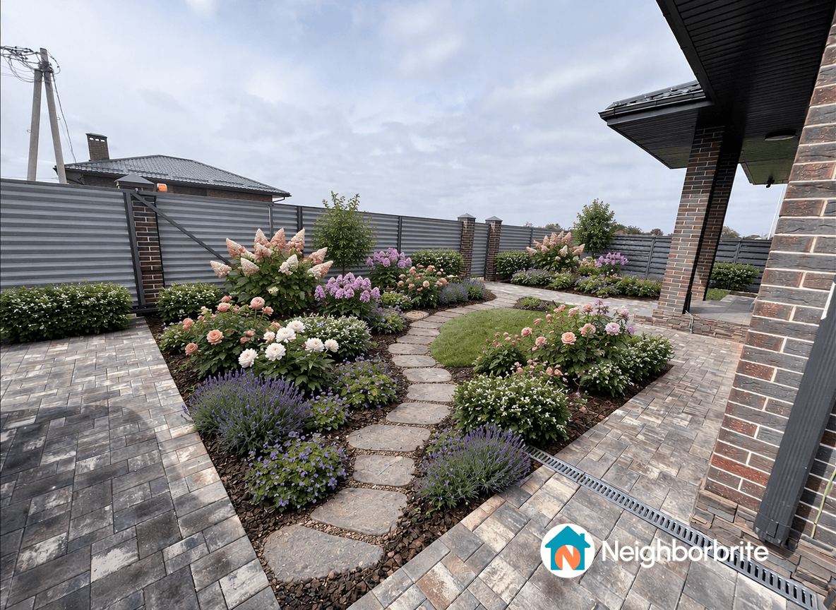 A beautifully landscaped Japanese-style garden with spruce trees and lavender.