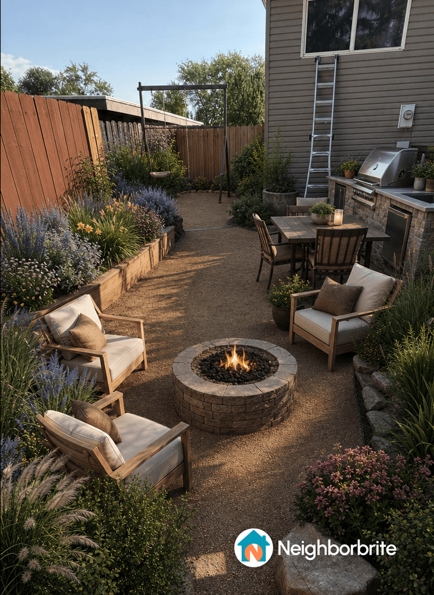 A cozy backyard with a fire pit, seating, and vibrant flowers.