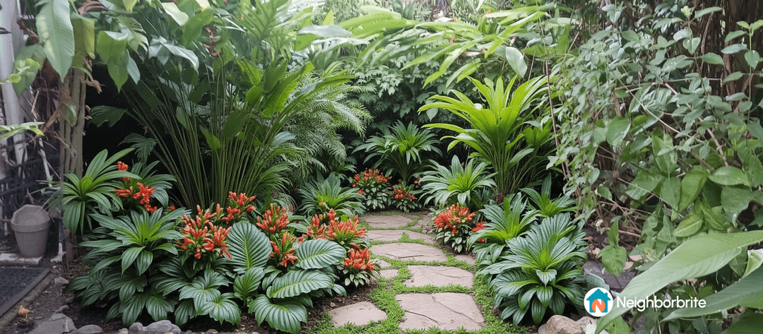 Lush tropical garden design with vibrant plants and stone path.