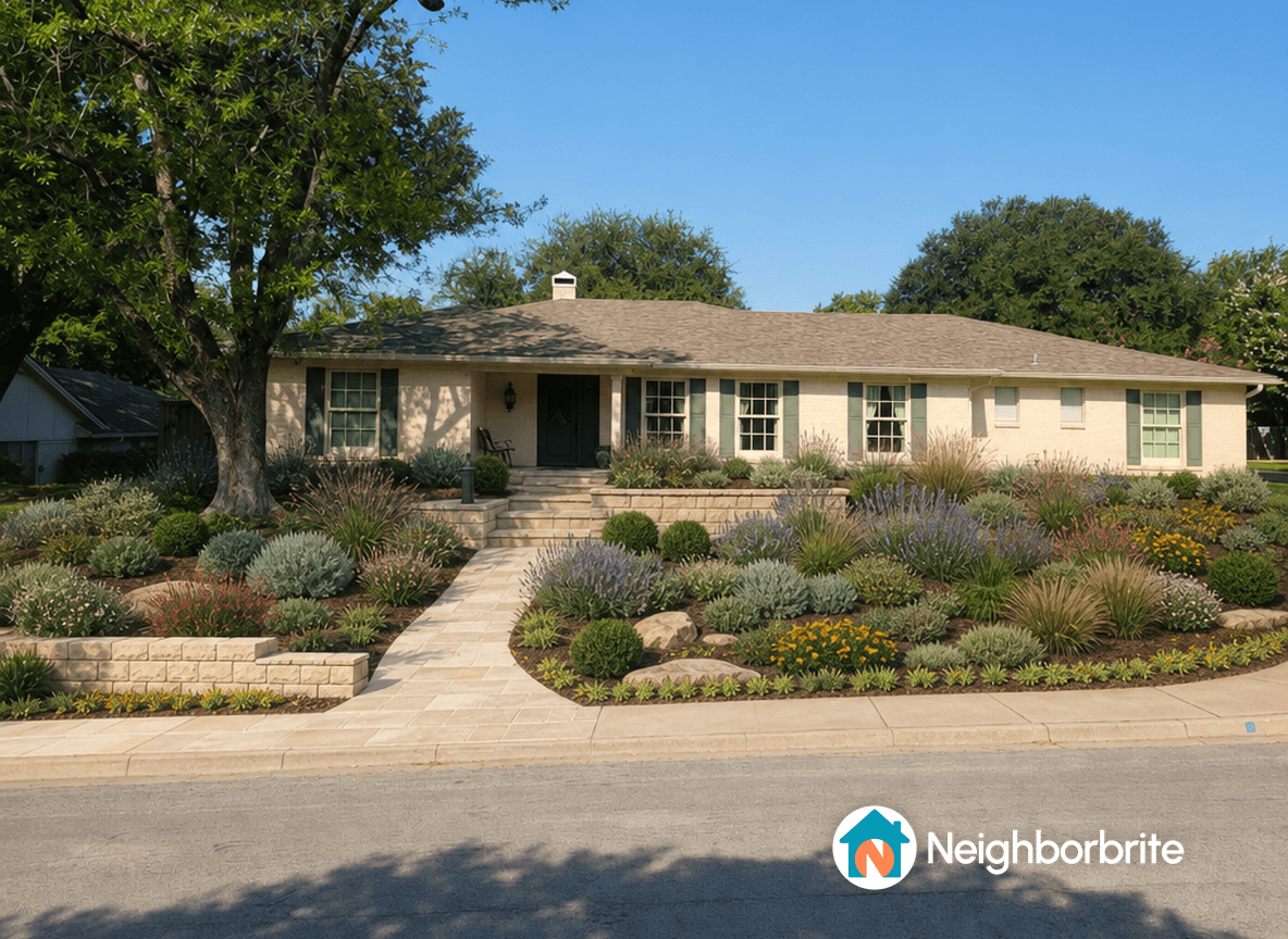 A well-landscaped front yard with various plants and a stone pathway.