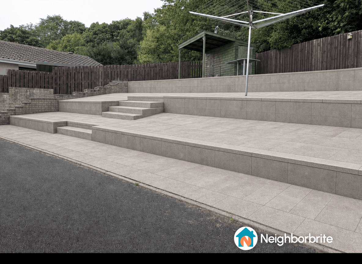 A tiered outdoor area with steps and a clothesline.