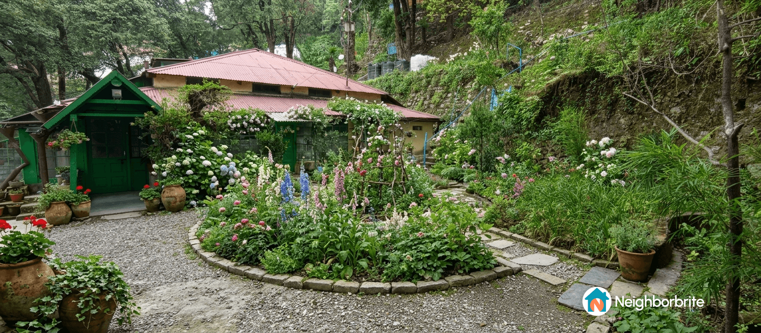 A lush garden with various plants surrounding a green door and pathway.