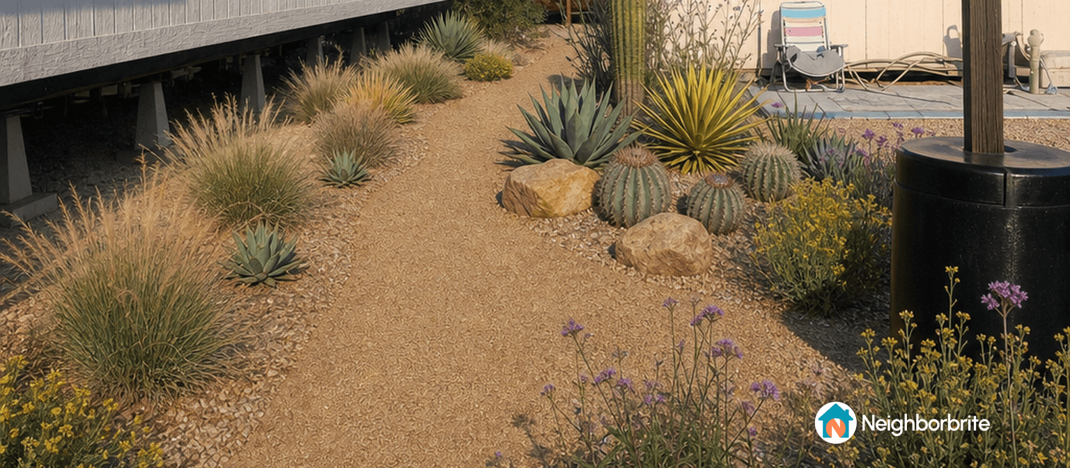 A landscaped path with various plants and rocks.