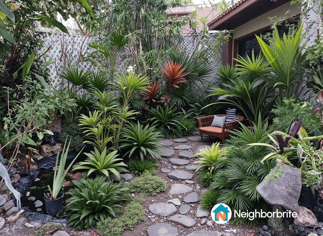 Lush tropical plants and a stone path in a small yard.
