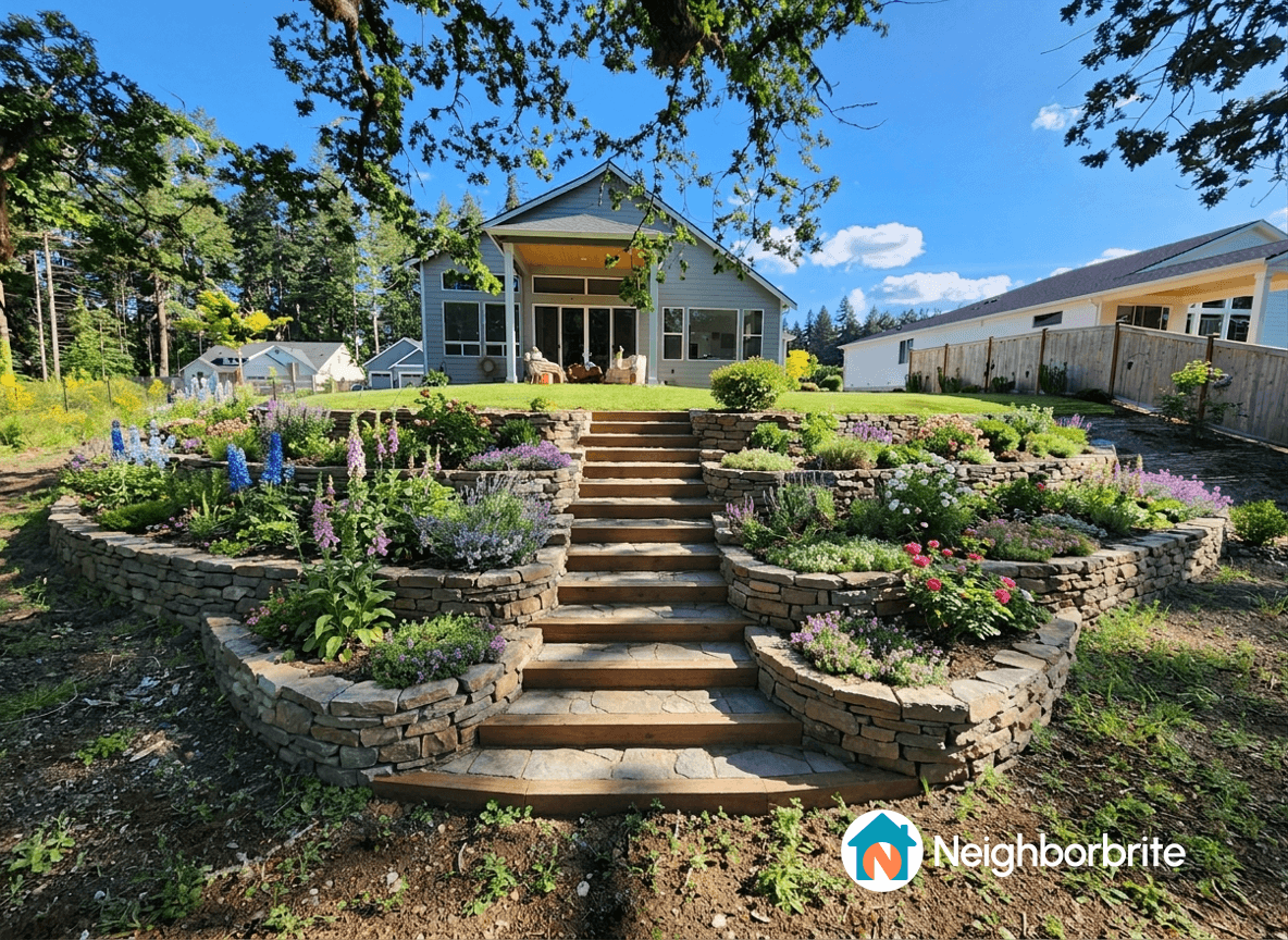 Beautiful landscaped yard with stone steps and colorful flowers.