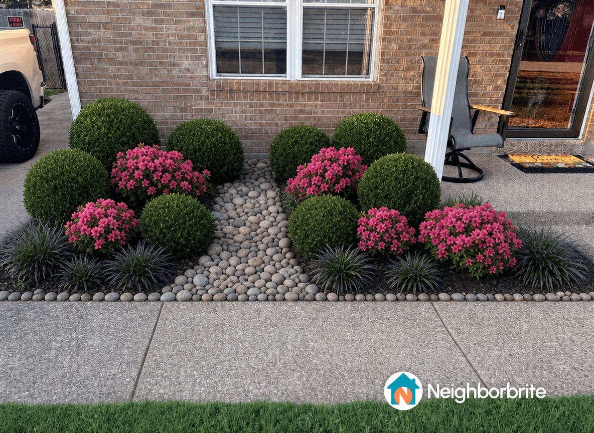Landscape featuring boxwoods, azaleas, and river rock design.
