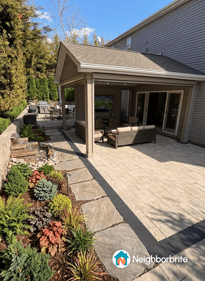 Outdoor space with a patio, plants, and a TV on the wall.