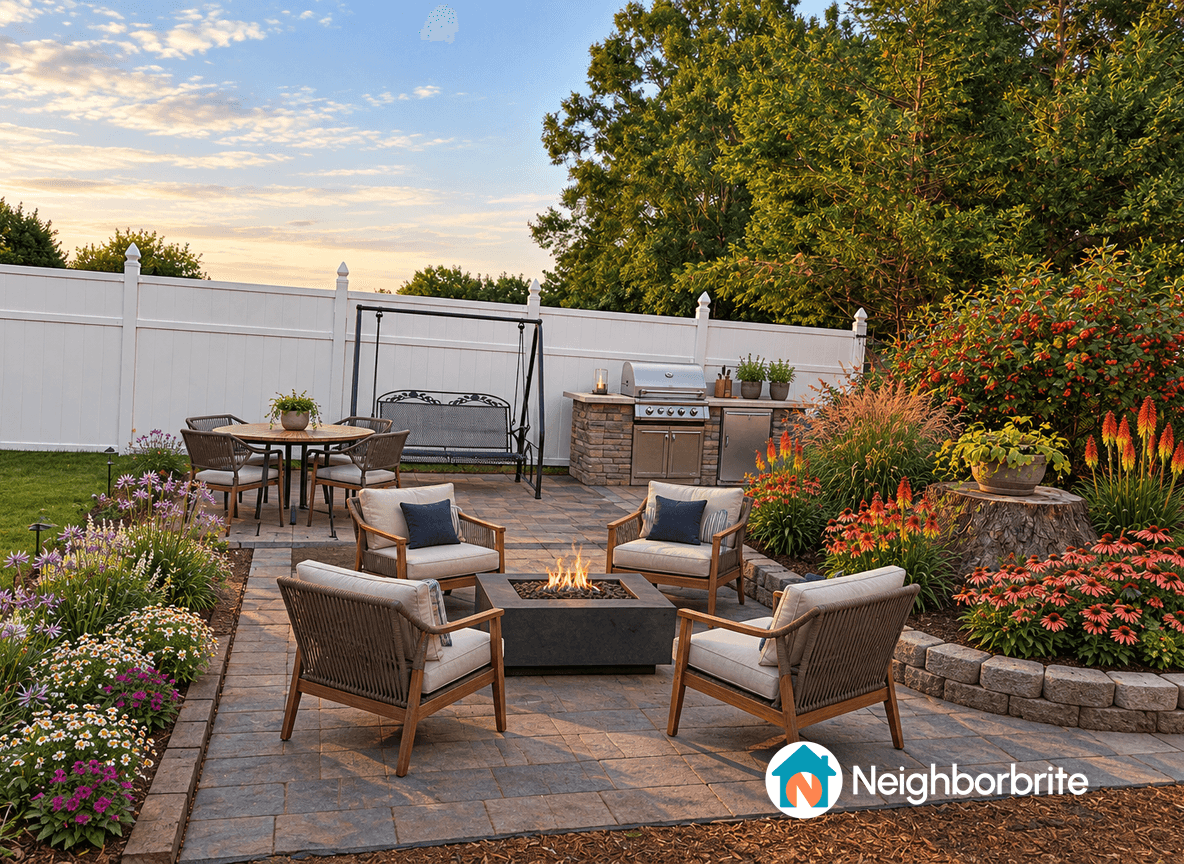 Beautiful outdoor patio with seating, fire pit, and grill.