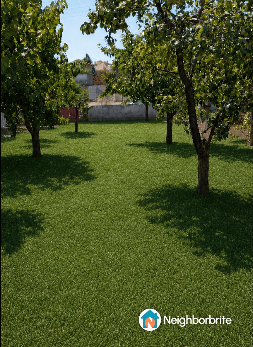 A lush green garden with trees and well-maintained grass.