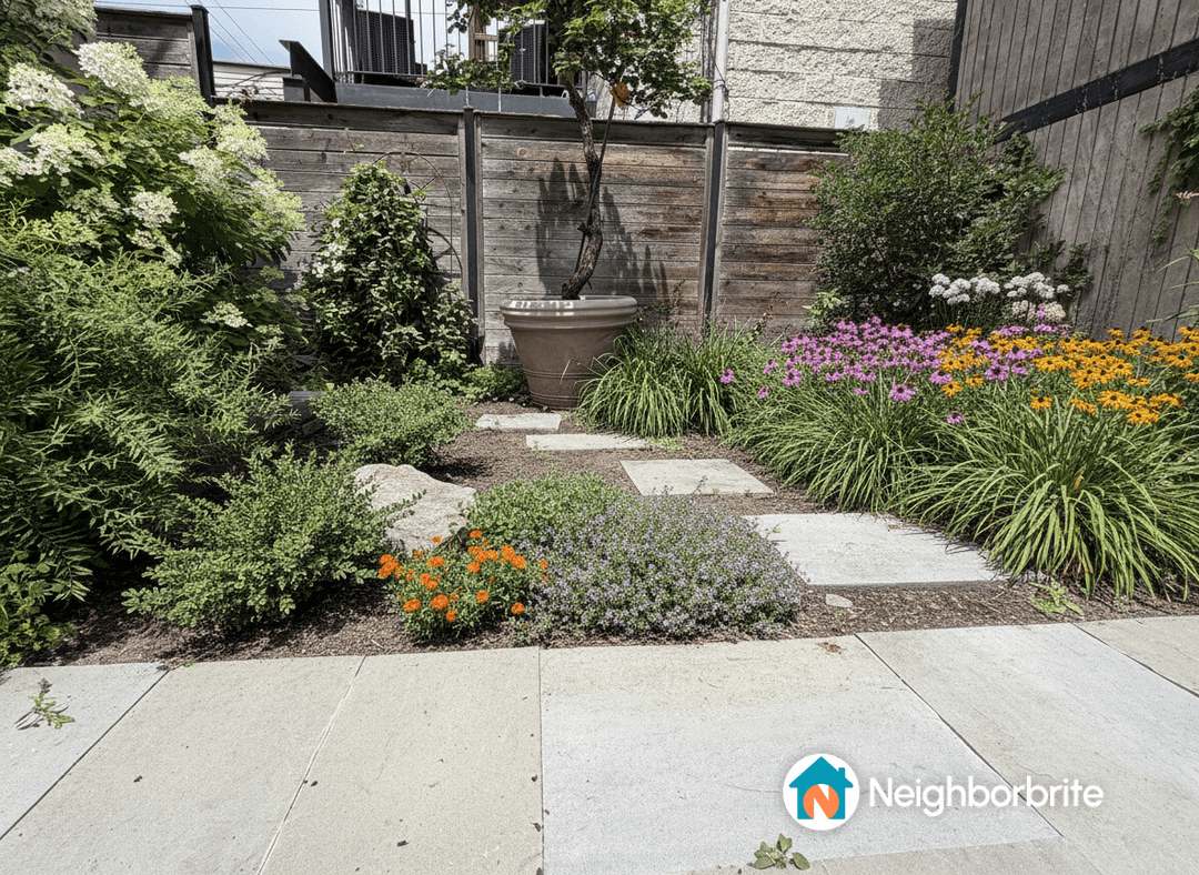 A landscaped garden with flowers, plants, and stone pathways.