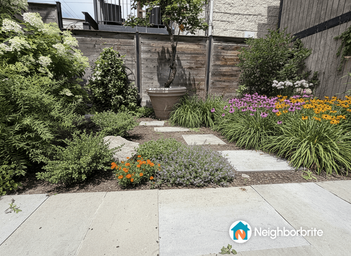 A landscaped garden with flowers, plants, and stone pathways.