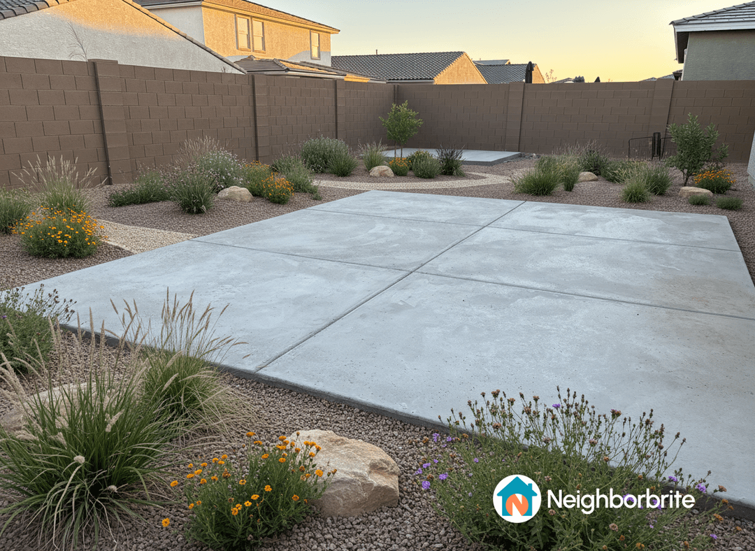 A landscaped yard with concrete slabs and colorful flowers.