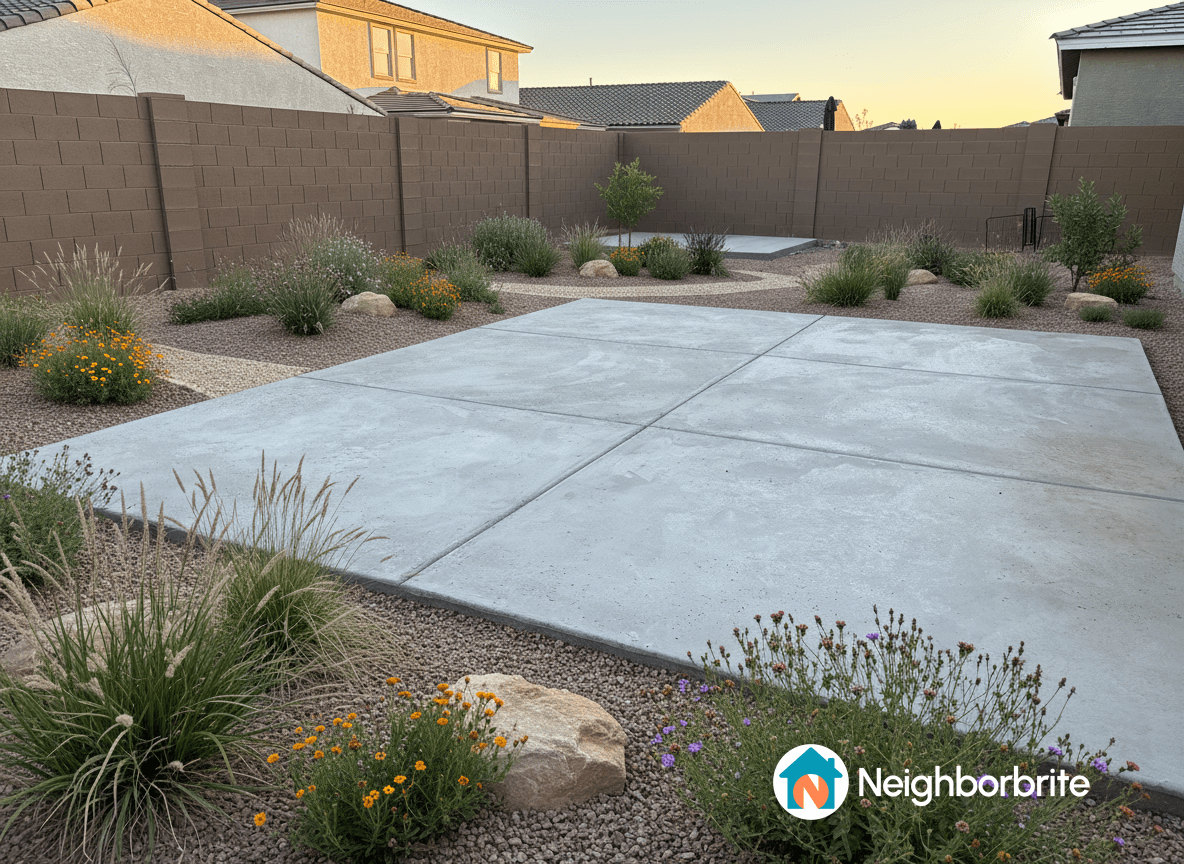 A landscaped yard with concrete slabs and colorful flowers.