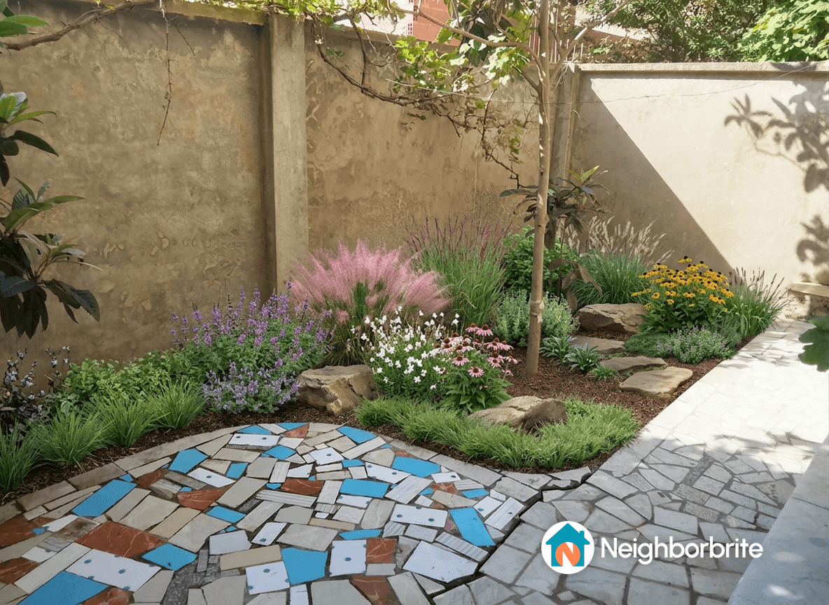 A vibrant garden with flowers, stones, and a painted pathway.
