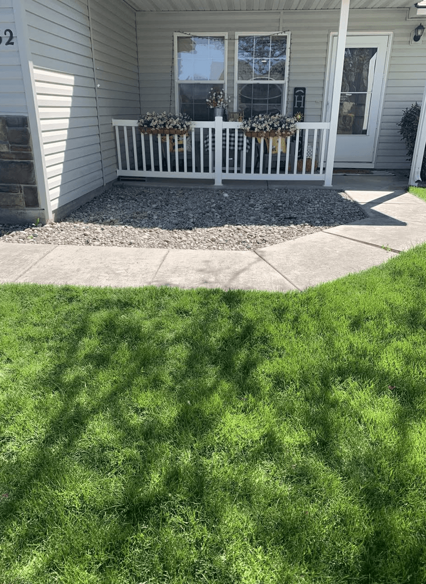 A front yard area with grass and a gravel section, seeking landscaping advice.