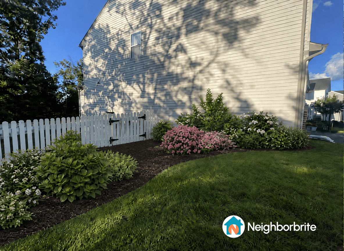A landscaped yard with flowers and a white gate, grass in front.