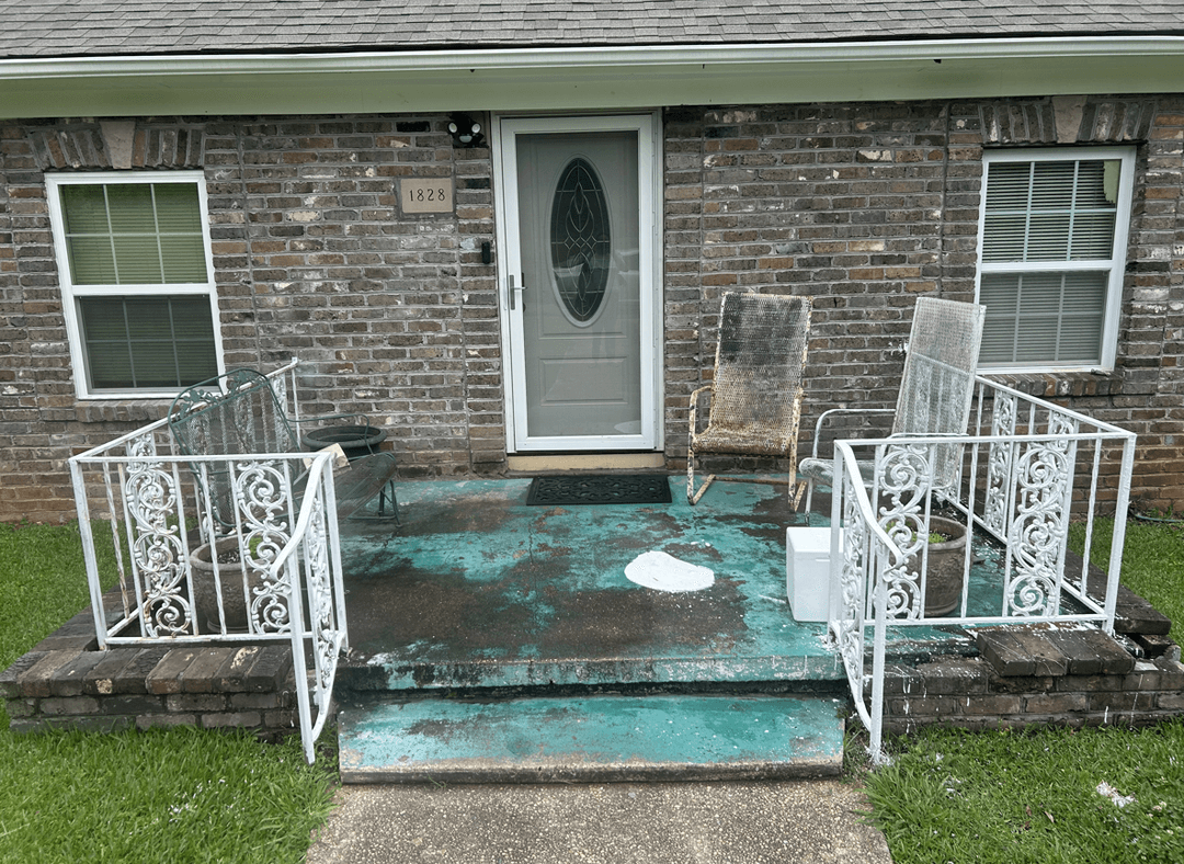 A porch with worn furniture and a stained floor, seeking improvement ideas.