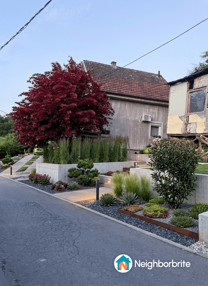 A house with a beautiful garden and a red tree, looking for a retaining wall.