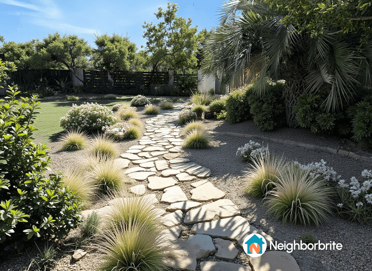 A landscaped yard with drought-tolerant plants and a stone path.