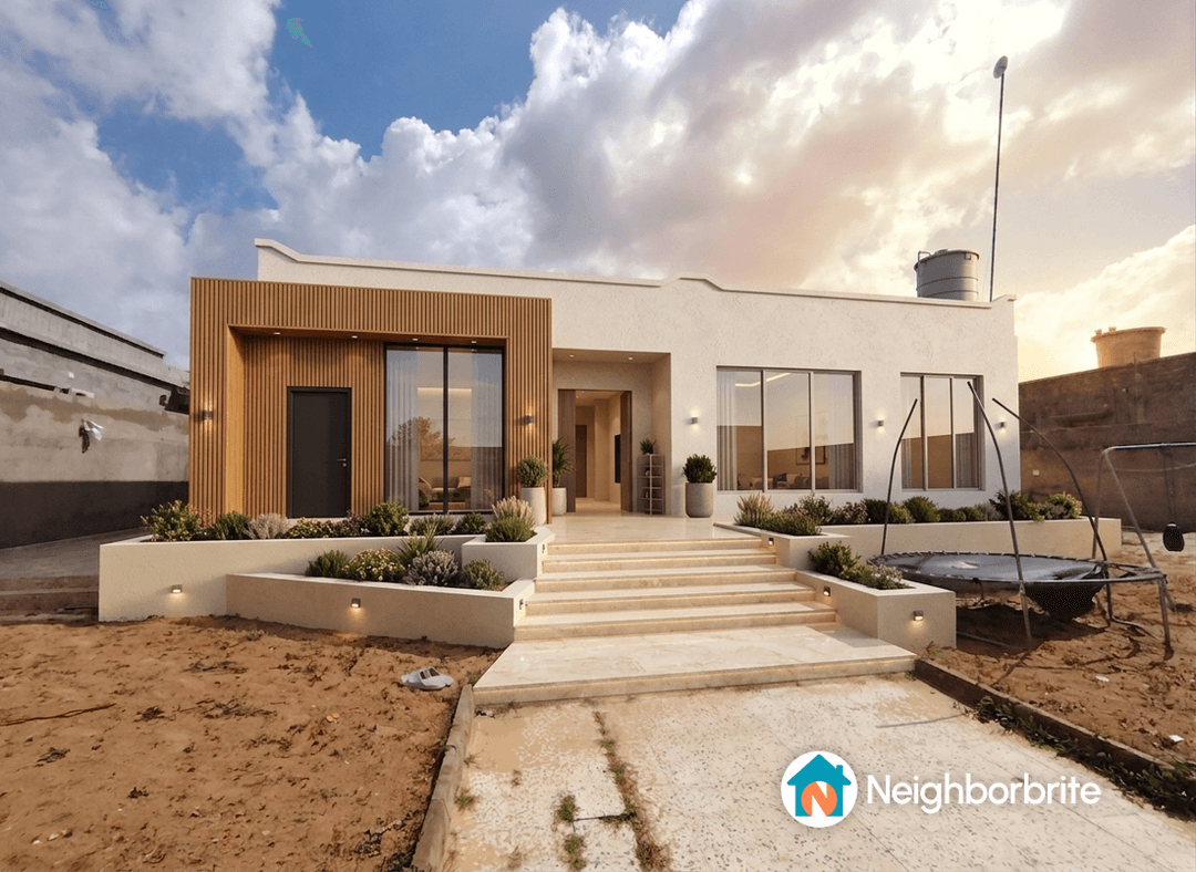 واجهة منزل حديث مع تصميم حديقة مدمجة وجديدة