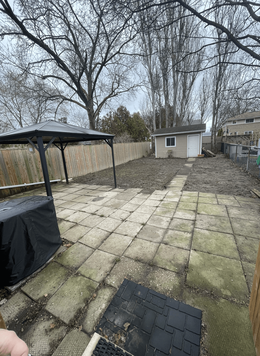 A backyard with a gazebo, patio, and shed, ready for improvement.