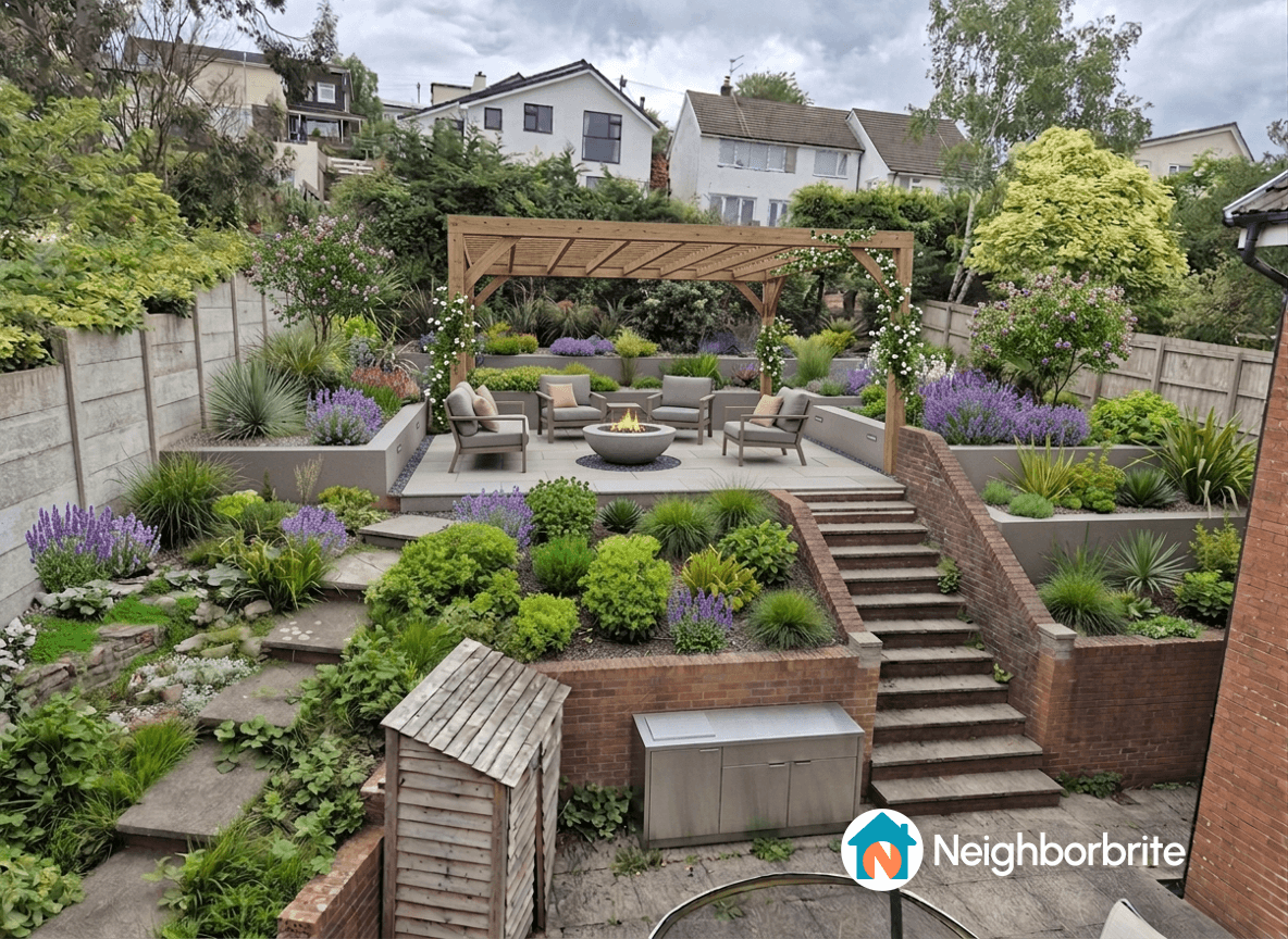 Beautiful landscaped backyard with seating area and fire pit.