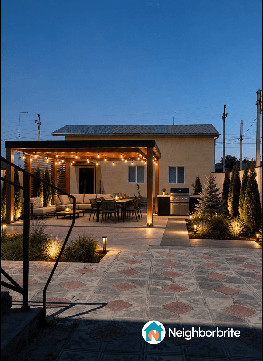 A beautifully lit outdoor patio with seating and a grill.