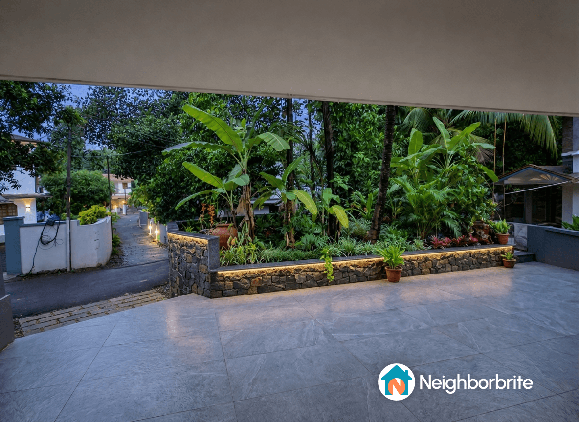 A garden area with various plants and pots, ready for new fruit plants.