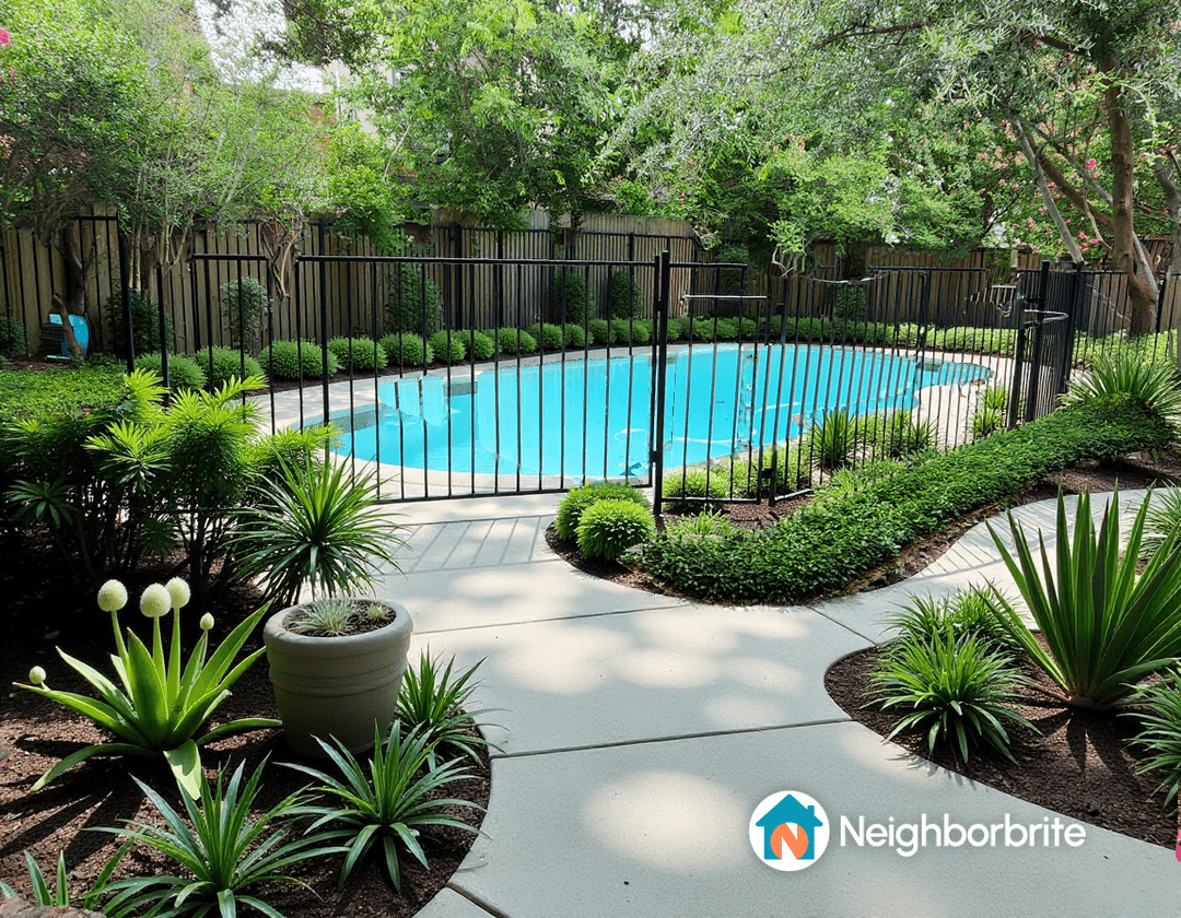 Curved walkway leading to a pool surrounded by greenery.