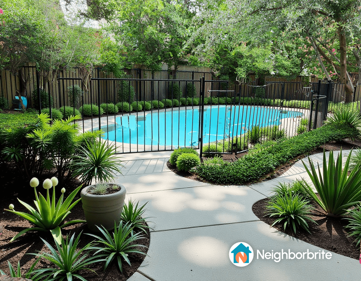 Curved walkway leading to a pool surrounded by greenery.