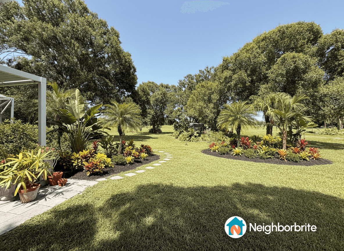 A tropical backyard with a path and colorful plants, seeking ideas for rock walls and an orchid house.