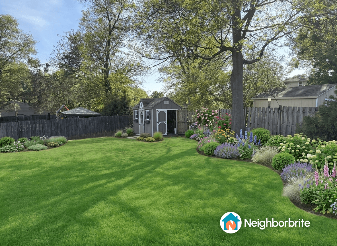 A backyard with a shed and colorful flower beds, asking about a gravel walkway.