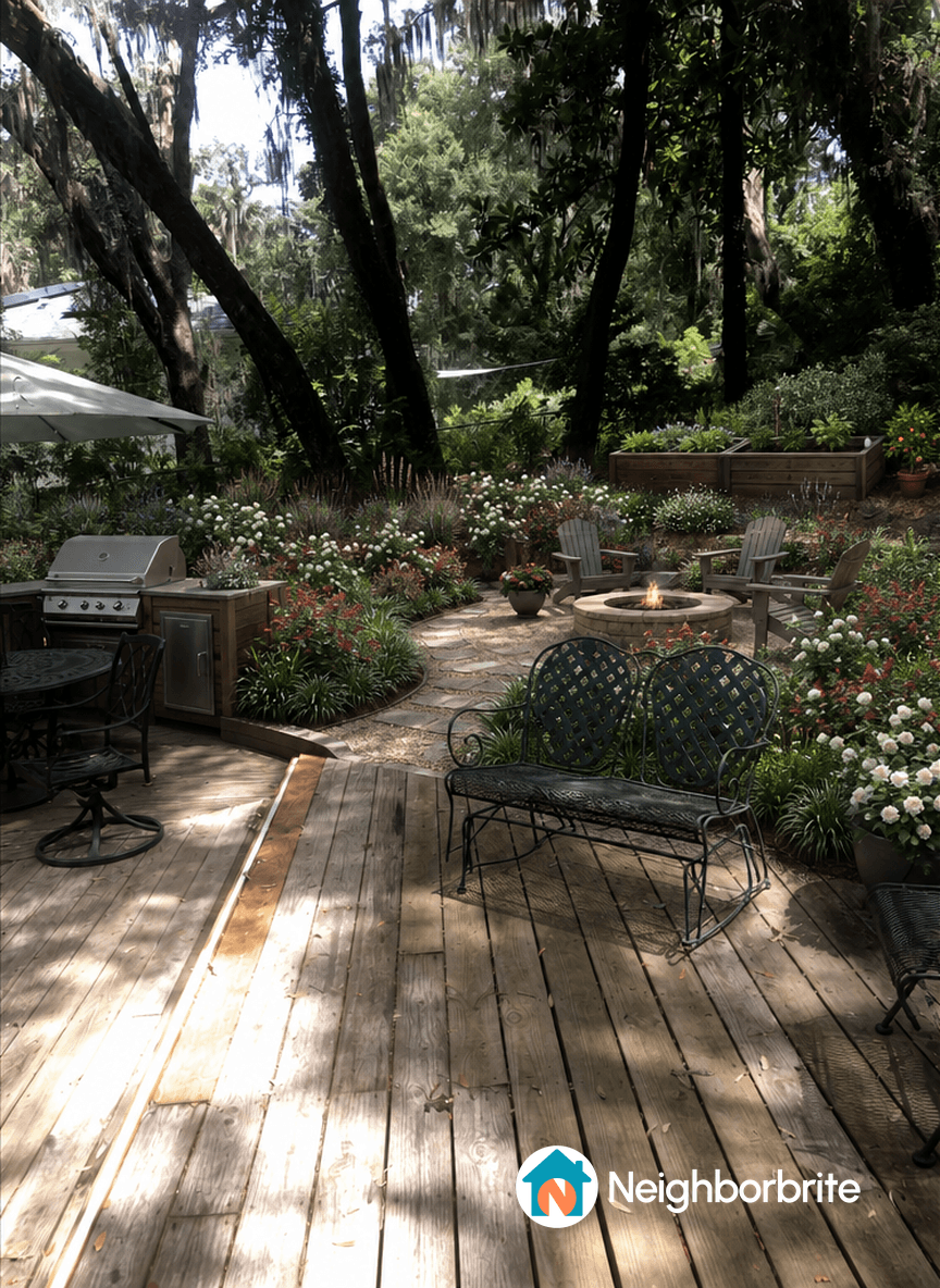 A shaded, sloped yard featuring a fire pit and lush garden beds.