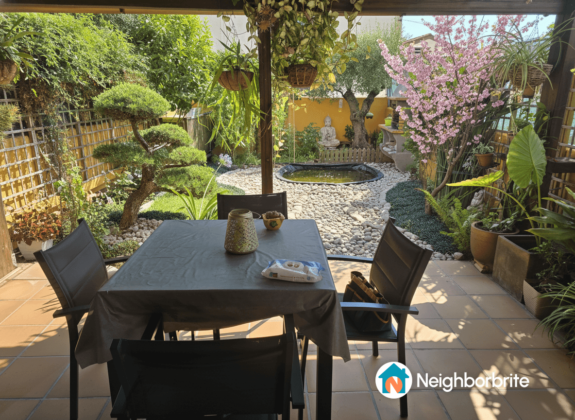 A serene garden view featuring a pond, bonsai tree, and lush plants.