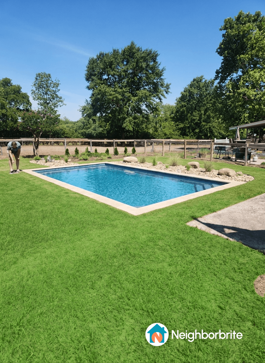 A pool surrounded by grass and landscaping, with a person nearby.