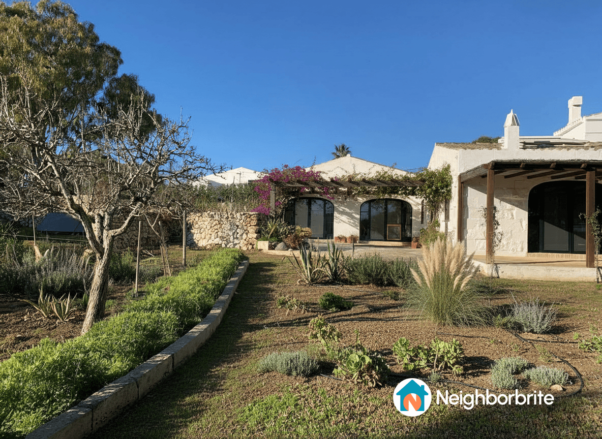 A beautiful Mediterranean garden featuring a house and plants.