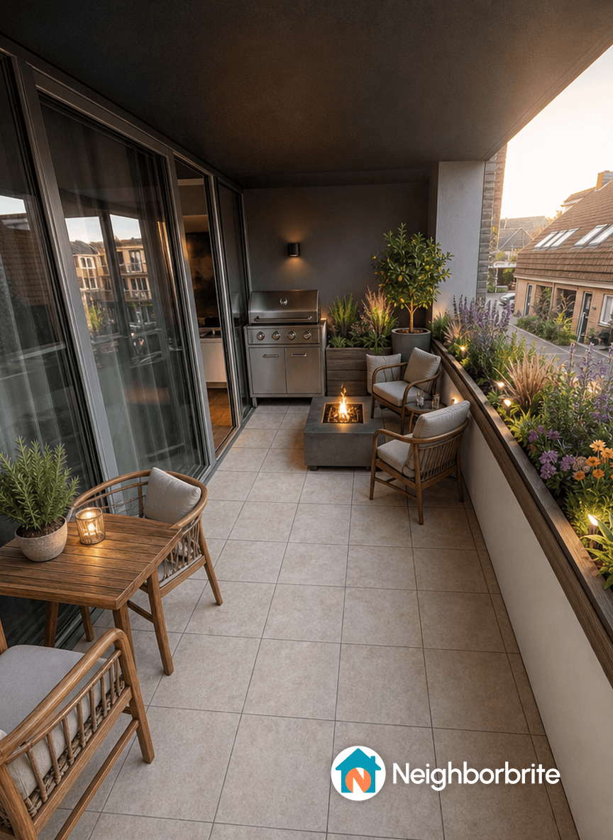 A balcony with a gas BBQ, lounge set, and decorative plants.