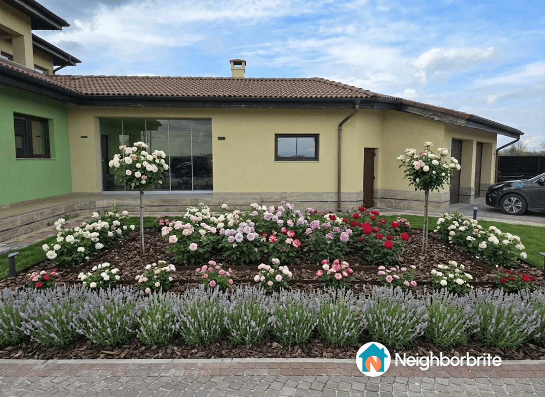 A colorful flower garden with roses and lavender in front of a house.