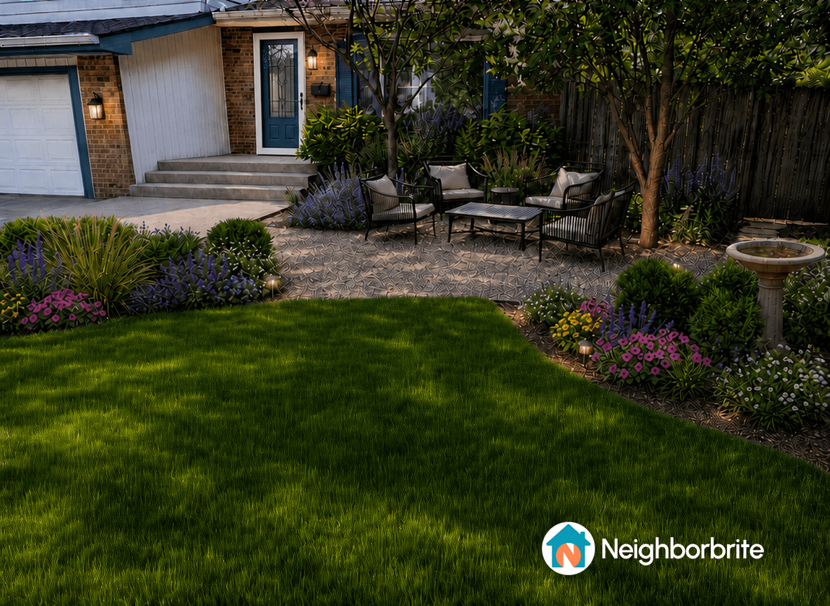 A beautifully landscaped yard with vibrant flowers and a cozy seating area.