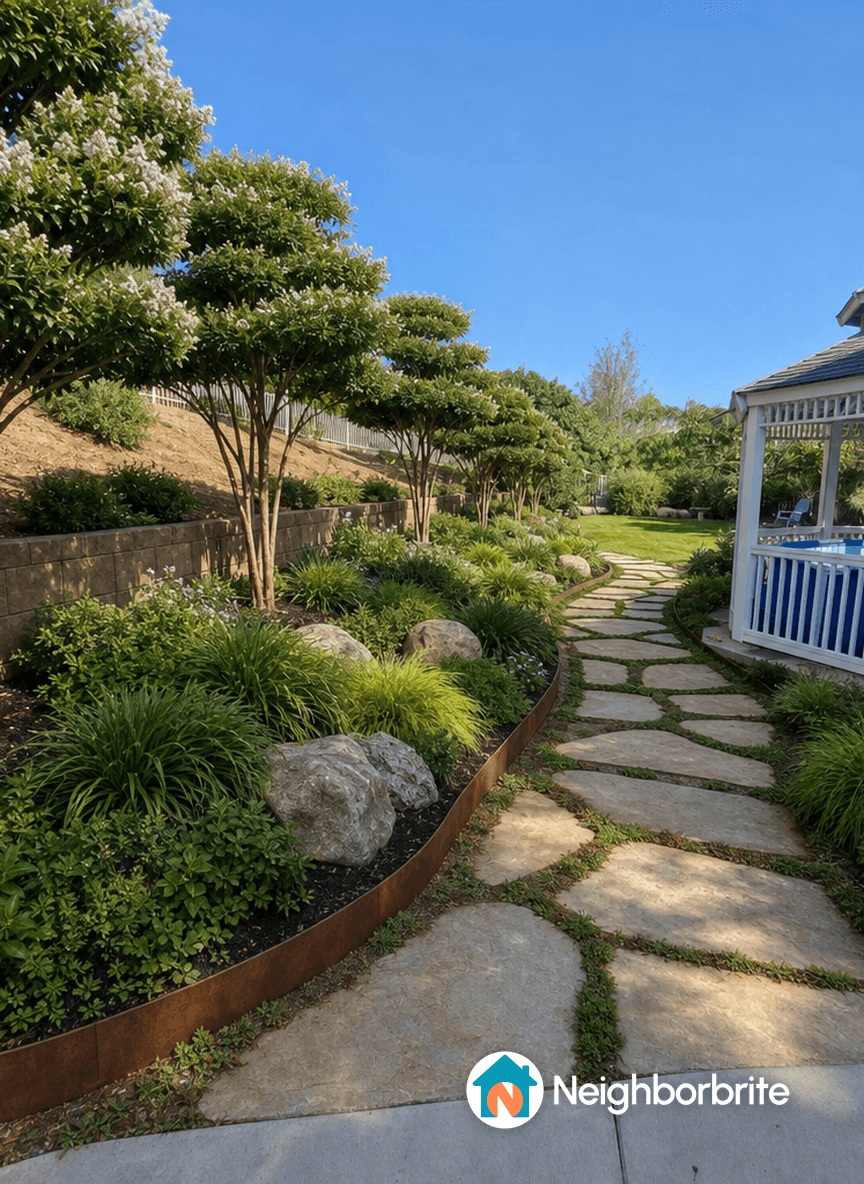 Pathway through a landscaped yard with greenery and rocks.