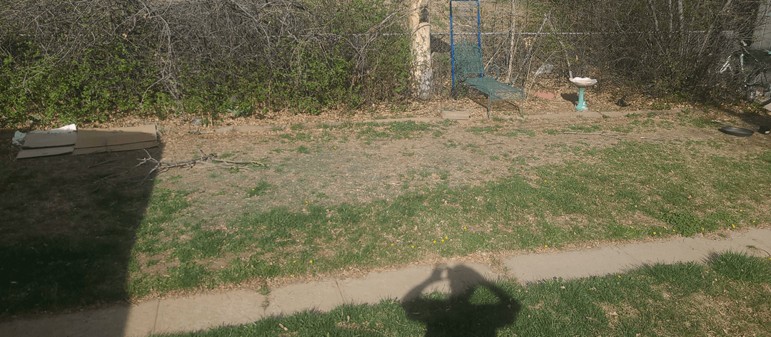 A yard with a green bench, suggesting a fountain and creek design.