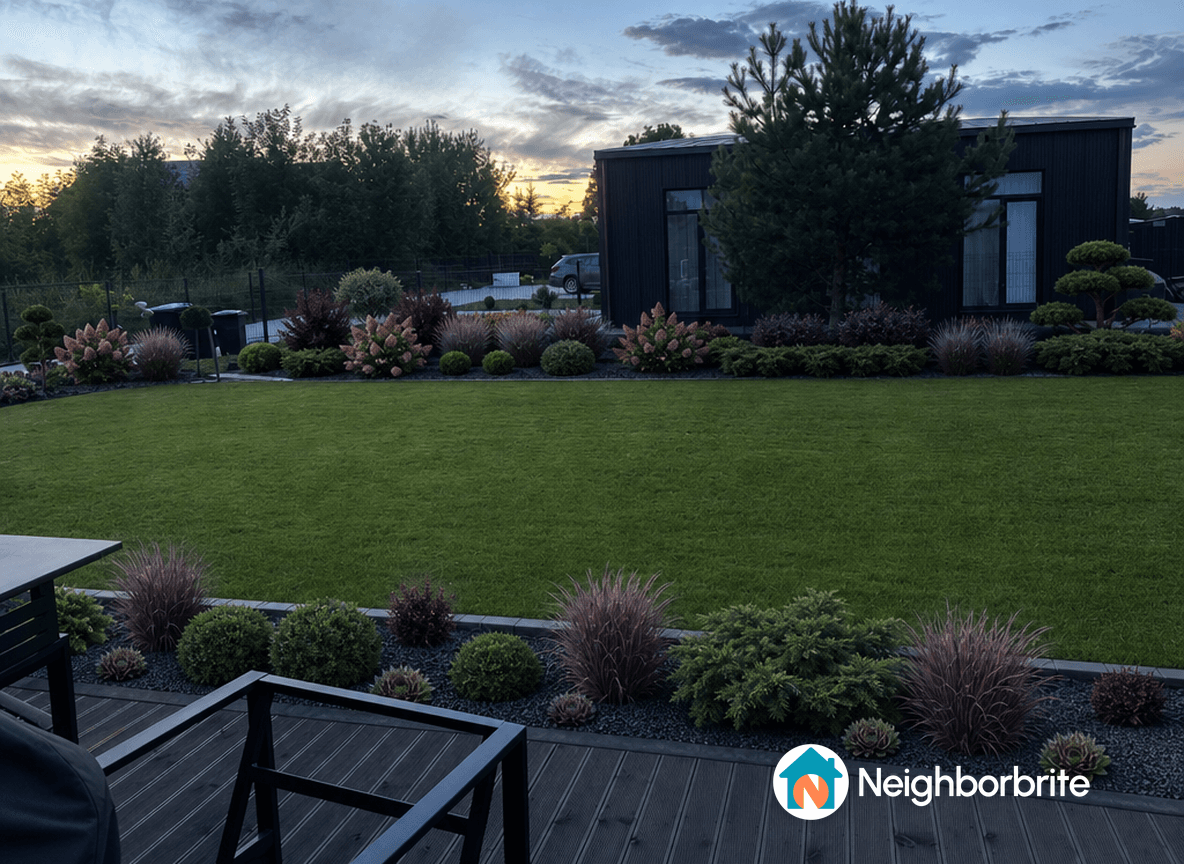 A well-maintained yard with colorful plants and a sunset backdrop.