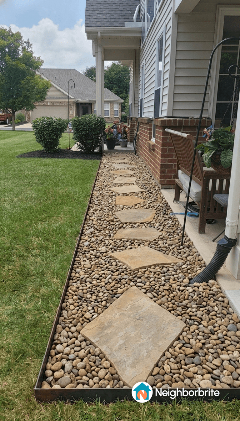 A stone pathway bordered by pebbles alongside a house.