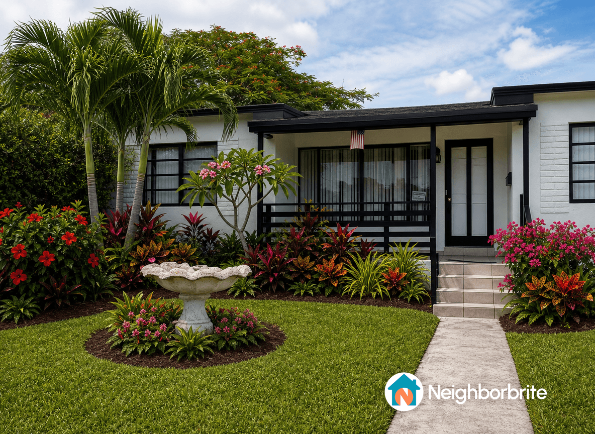 A well-landscaped front yard with colorful plants and a fountain.