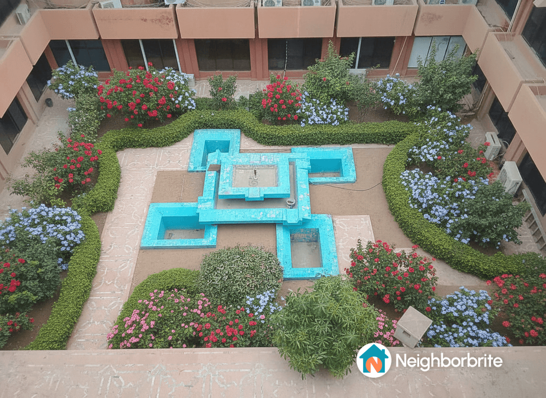Aerial view of a garden featuring a blue fountain and colorful flowers.