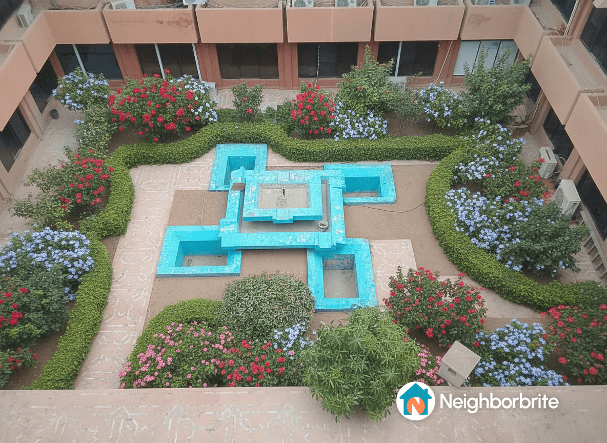 Aerial view of a garden featuring a blue fountain and colorful flowers.